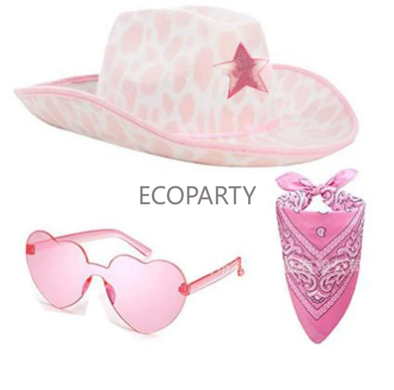 Pink Five Pointed Novelty Star Cowboy Hat with Heart Shaped Sunglasses Kerchief Cowgirl Hat for Women Western Party Three-piece smile