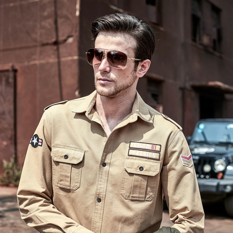 Clothes Shirts Bomber Men Military Style Work Air Force Pilot Cargo Airborne Clothing Long Sleeved Male smile