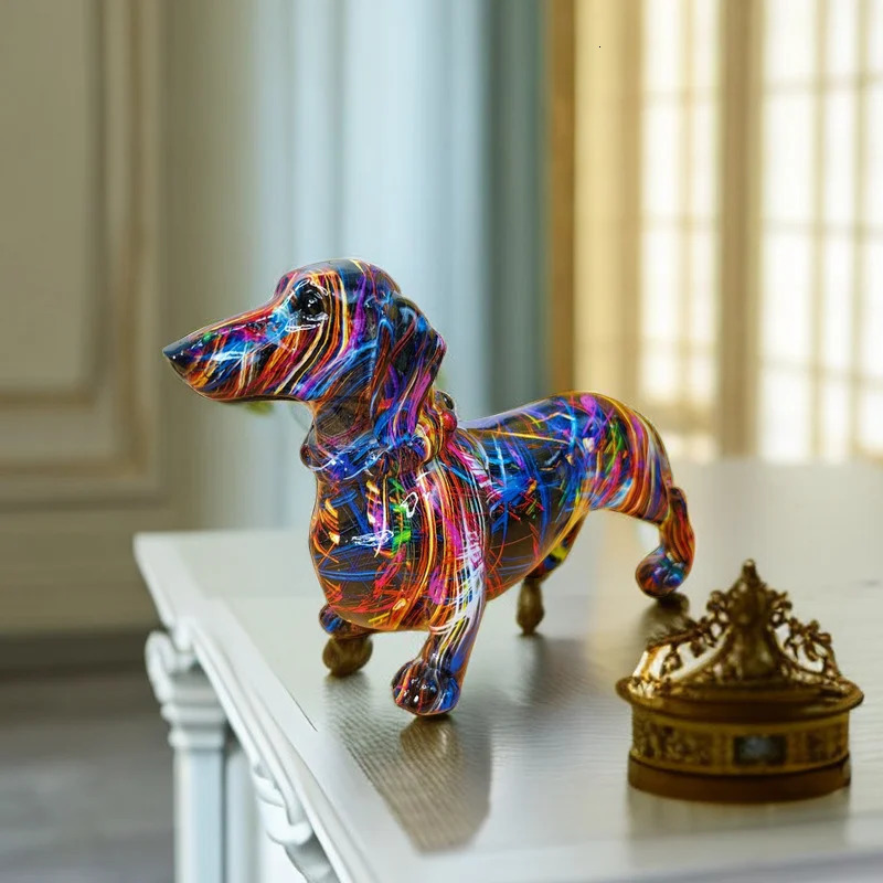 Creative Graffiti Dachshund Dog Statue Home Decor Color French Bulldog Sculpture Animal Figurine Living Room Desk Accessories 240527