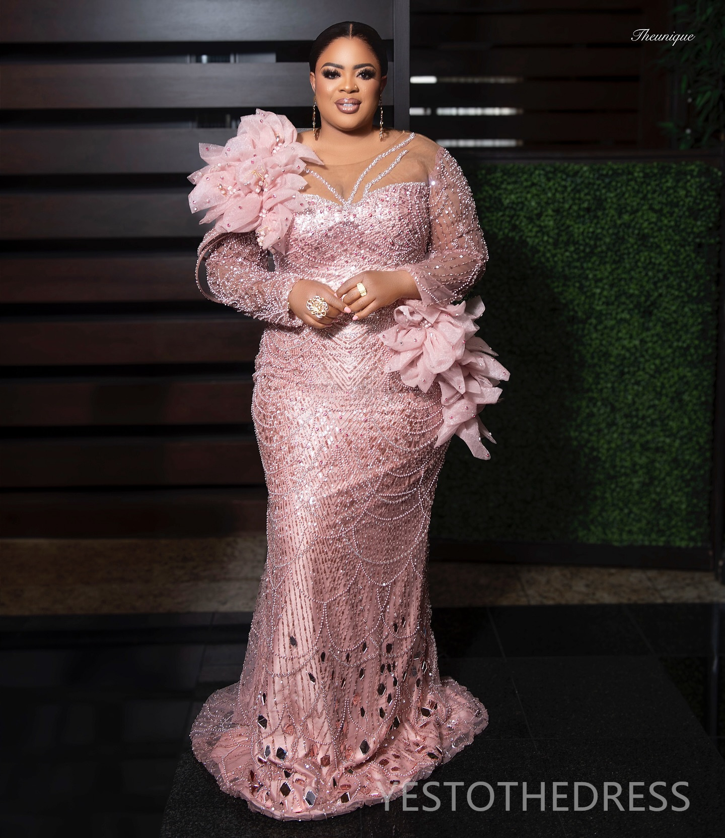 R&W 2024 Plus Size Aso Ebi Prom Dresses for Black Women Pink Promdress Illusion Long Sleeves Beaded Lace Pearls Rhies Mirror Sequins Decorate Gala Gow