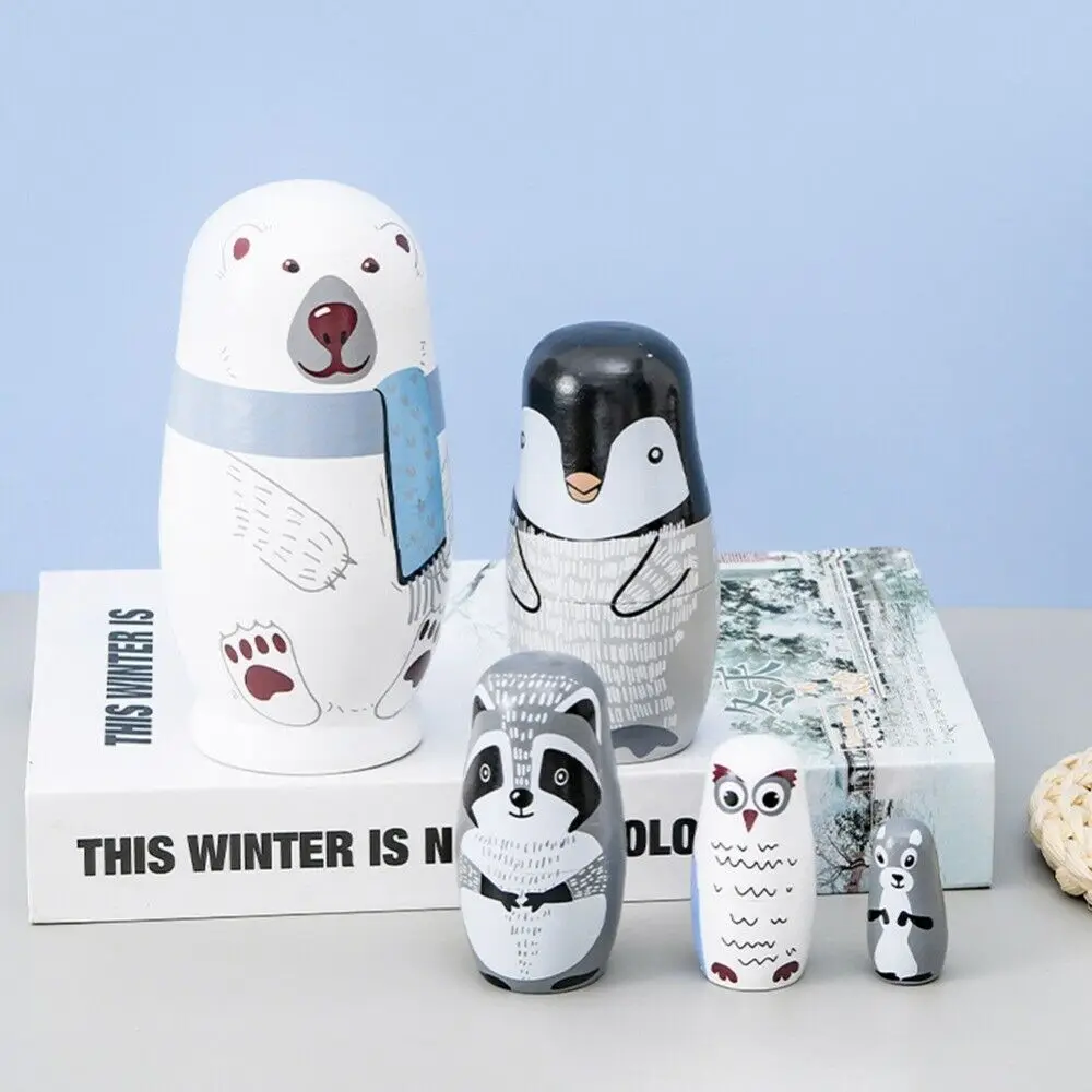 5pcs/set Matryoshka Doll Wood Stacking Dolls Children Toy Animal Patterns for Festival Birthday Gift Home Decoration