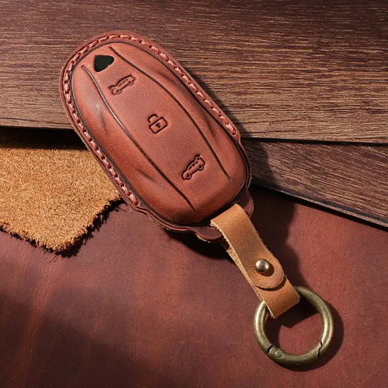 Horse Leather Crazy Retro Car Key Case Cover Keyring Holder for Tesla Model 3 Model X Model S Model Y Keychain Holder Fob Shell smile