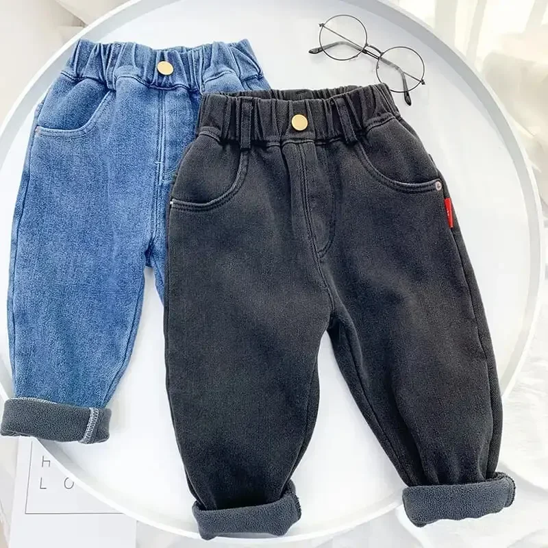 1-7 Yrs Boys Unisex Plus Fleece Winter Pants new for Kids Baby 2025 Thickening Warm Soft for Girl Children Stretch Fleece Jeans Pants