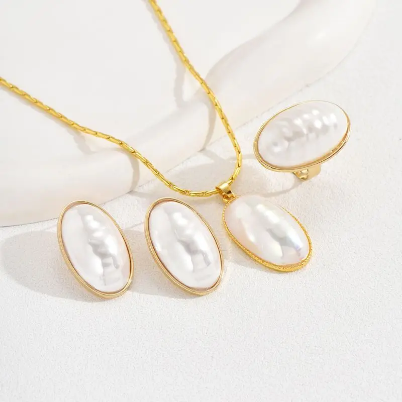 Oval Korean Pearl Chain Necklace Earring Ring Set For Women Natural Pearl Gold Plated Adjustable Ring Jewelry Set smile