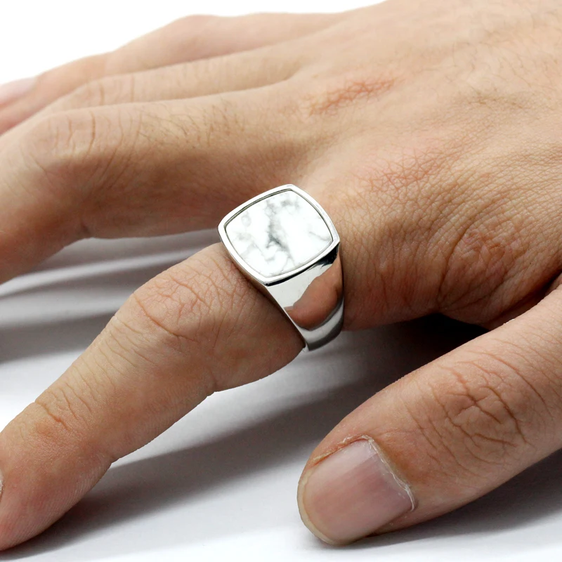 Ring Men's New Smooth Sterling Sier Natural White Turquoise Square Boulder Ring Simple Classic Seal Jewelry Women Gift smile
