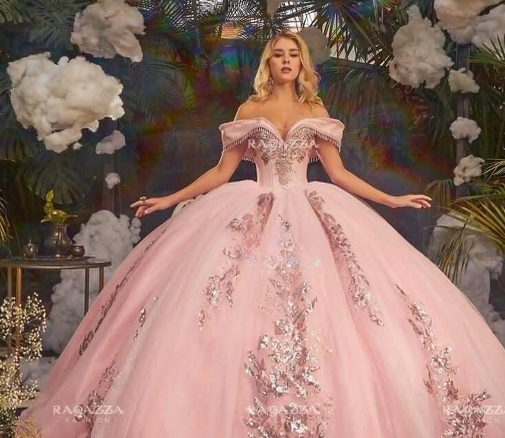 Pink Mexican Quinceanera Dresses Ball Gown Off The Shoulder Tulle Appliques Puffy Charro Sweet 16 Dresses 15 Anos