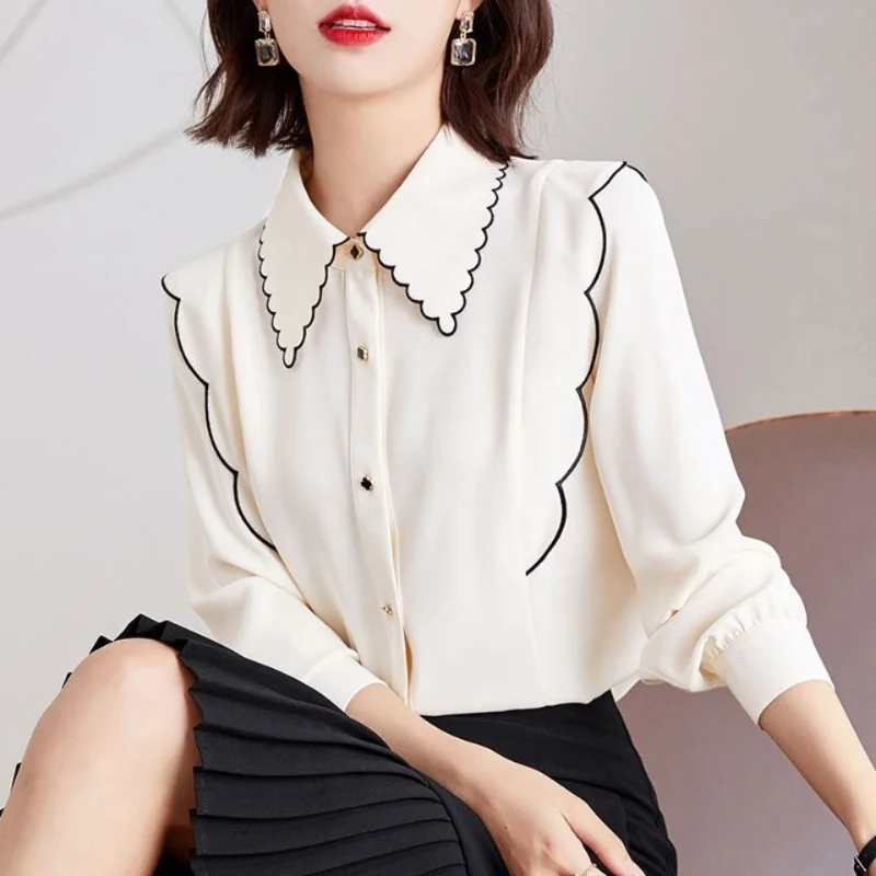 Women's Commuting Simplicity Versatile Clothing Autumn and Winter New Splice Buttons POLO Collar Long Sleeved Solid Color Shirt smile