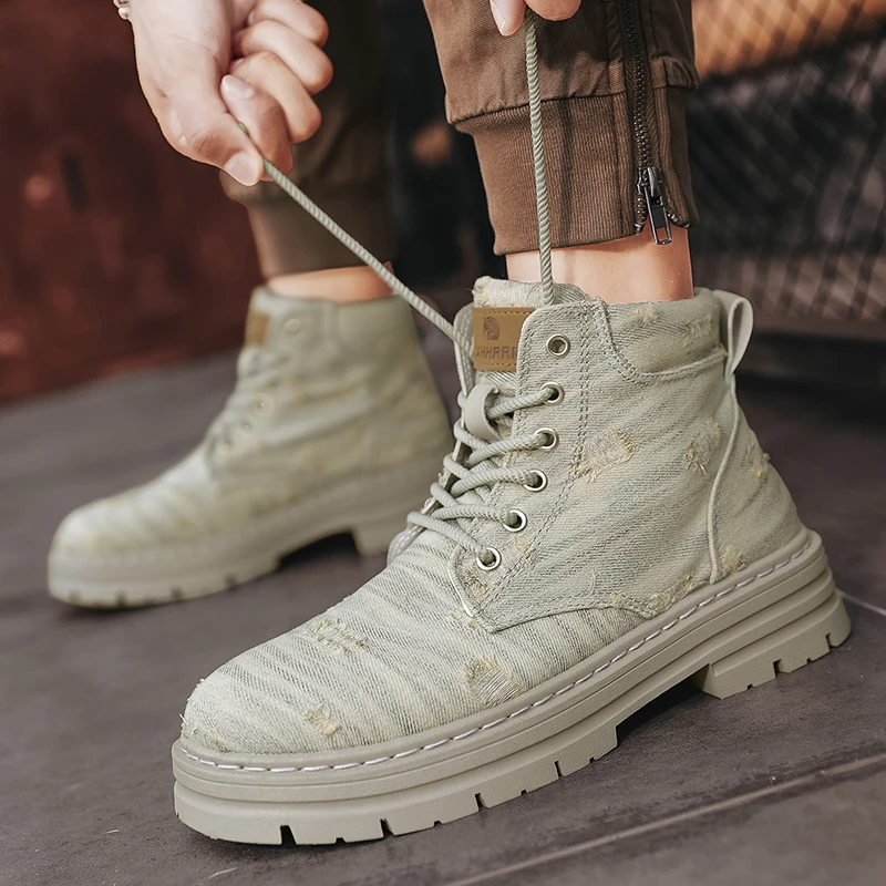 Boots Denim Top High Retro British Style Work Boots Men Motorcycle Boots Winter Leather Shoes Military Boots smile