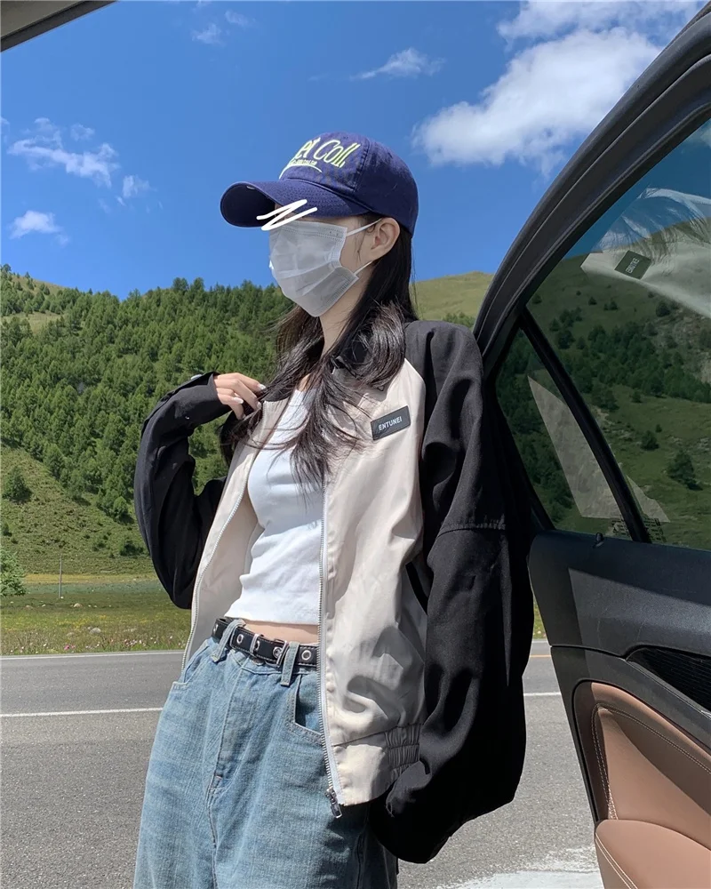 Cropped Jacket Women Korean Patchwork Casual College Track Jackets Female Streetwear Zipper Loose Sports Varsity Windbreaker New smile