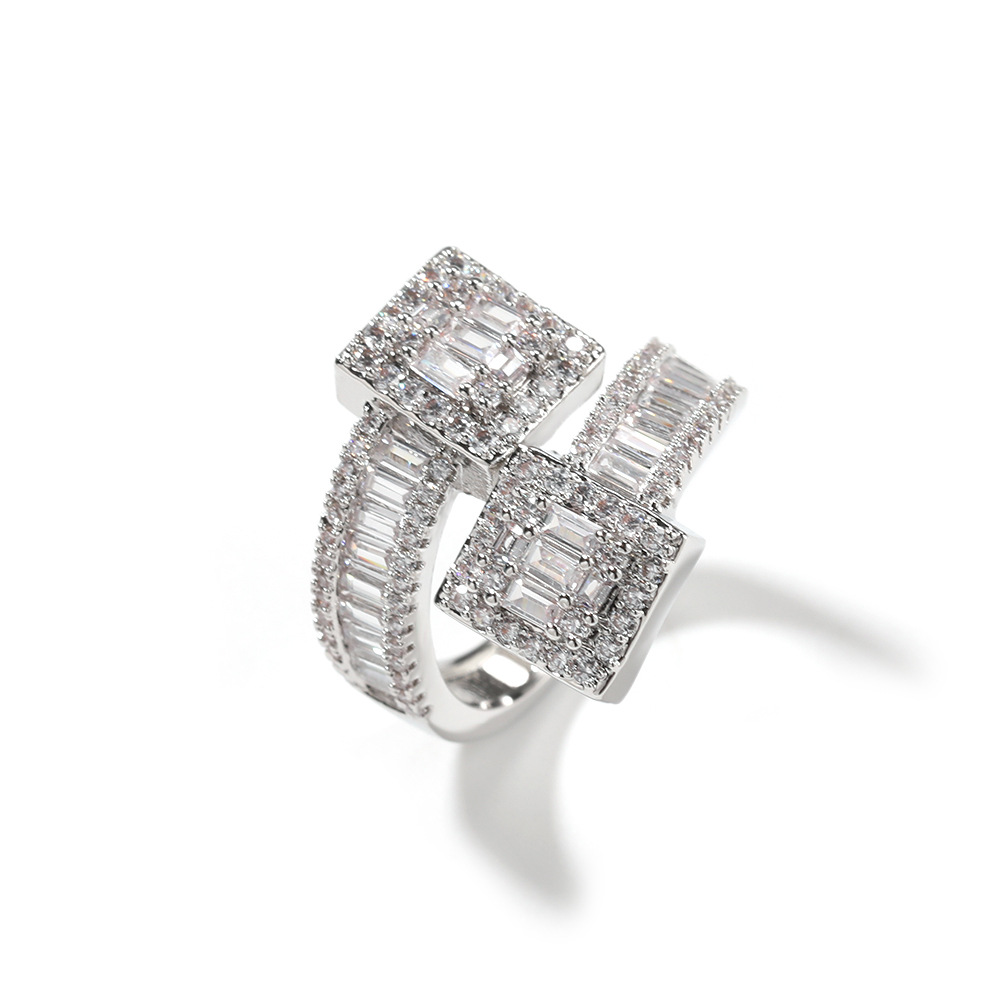 Hip Hop TopBling 5A T Zircon Cuff Ring White Gold Plated Jewelry for Men Women