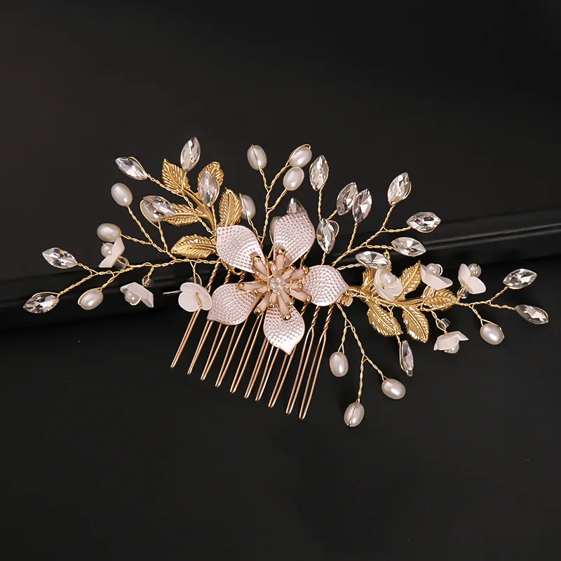 Pearl Flower Bridal Wedding Hairpin Side Comb Golden Leaf Shaped Alloy Tiaras Insert Jewelry Comb Hair Jewelry Bride Headwear smile
