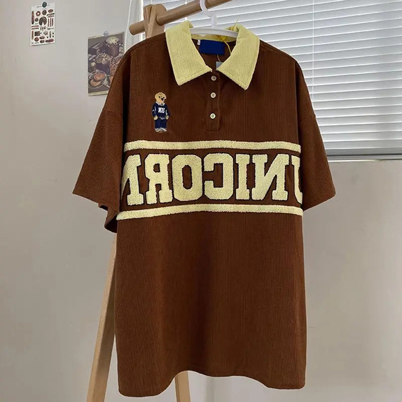 Mens Waffle Bear Polo Shirt Short Sleeve Tshirt Womens Summer Loose Embroidered Halfsleeved Turndown Collar Buttons Top Tees 240517