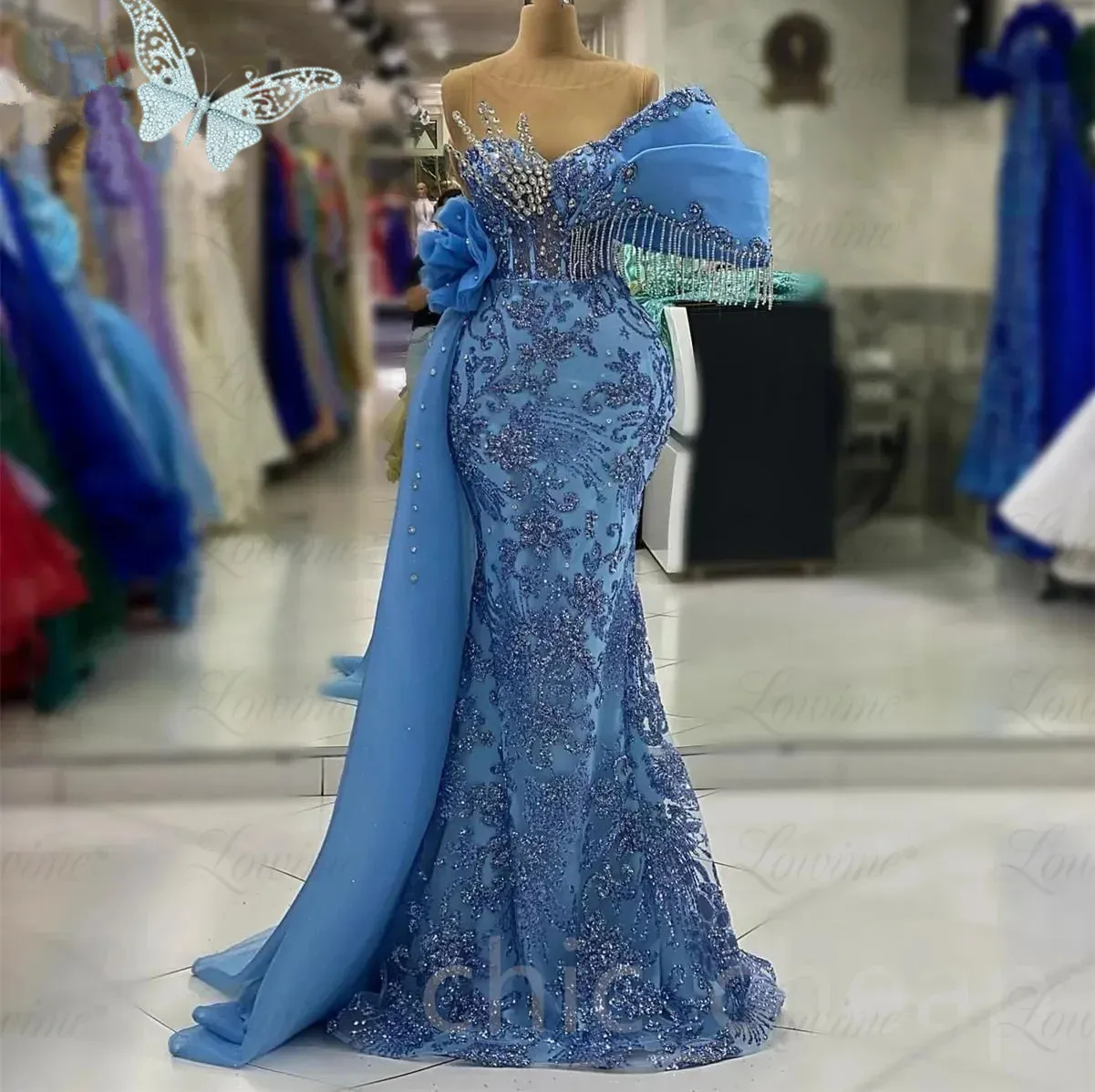 Long Blue Party Dress With Side Train Mermaid Tassel Beaded Crystals Elegant Evening Gowns Arabic Celebrity Prom Dresses Bc