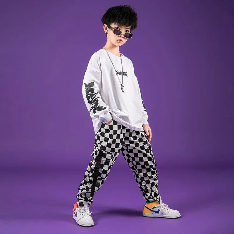 Hop Boys High Hip Collar Vest Sweatshirt Plaid Joggers Outfits Girls Cargo Pants Clothes Sets ddmysmile Child Jazz Costume Kids Streetwear Smile