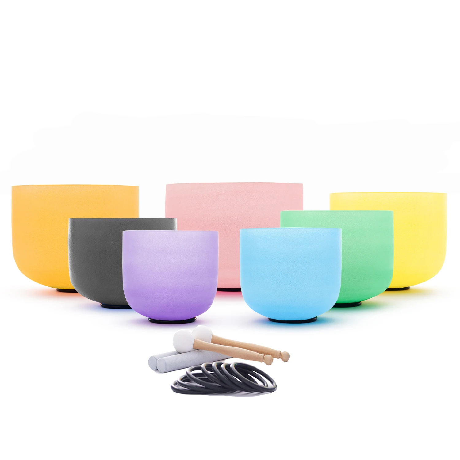 Hye-eun 7-12 Inch Colored Chakra Frosted Quartz Crystal Singing Bowl Set 7 pcs With/without Carring Case Suede Sticks Mallet