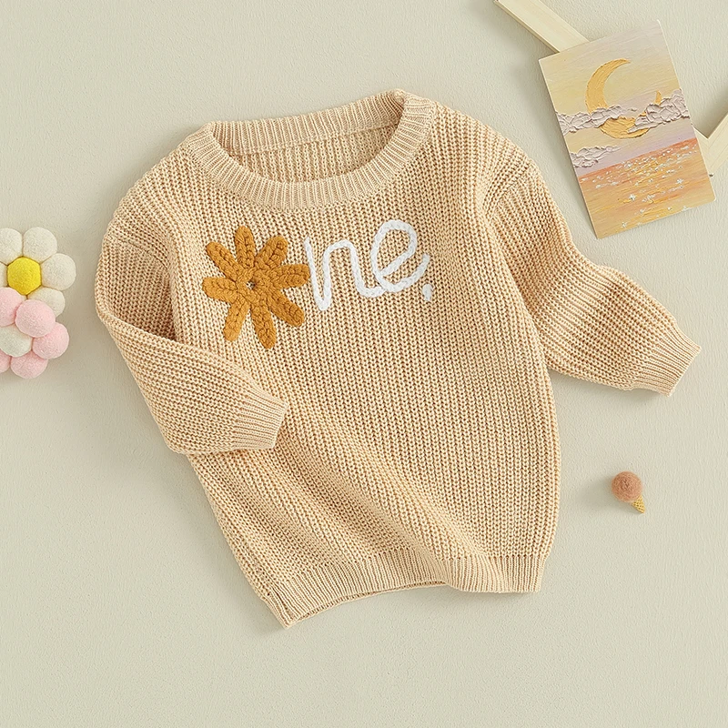Lioraitiin 6-24M Autumn 2023-08-02 Girl Baby Sweater Flower Letter Pattern Long Sleeve Round Neck Knitwear Pullover smile