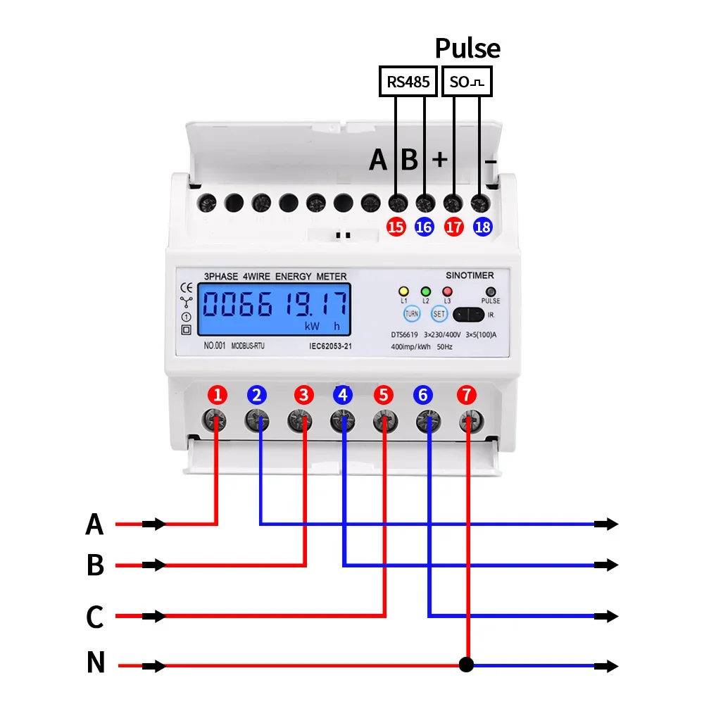 3 Phase 4 Wire RS485 Modbus 380V 100A DIN Rail Energy Meter Digital Backlight Power Factor Monitor with Voltage Current Display