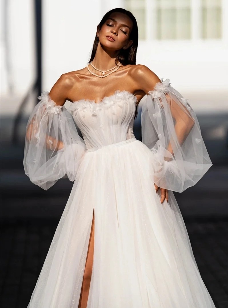 2024 Exquisite Sweetheart Beach Wedding Dresses Off The Shoulder Puff Sleeve Lace Appliques Bridal Gowns Vestido De Novia Customed