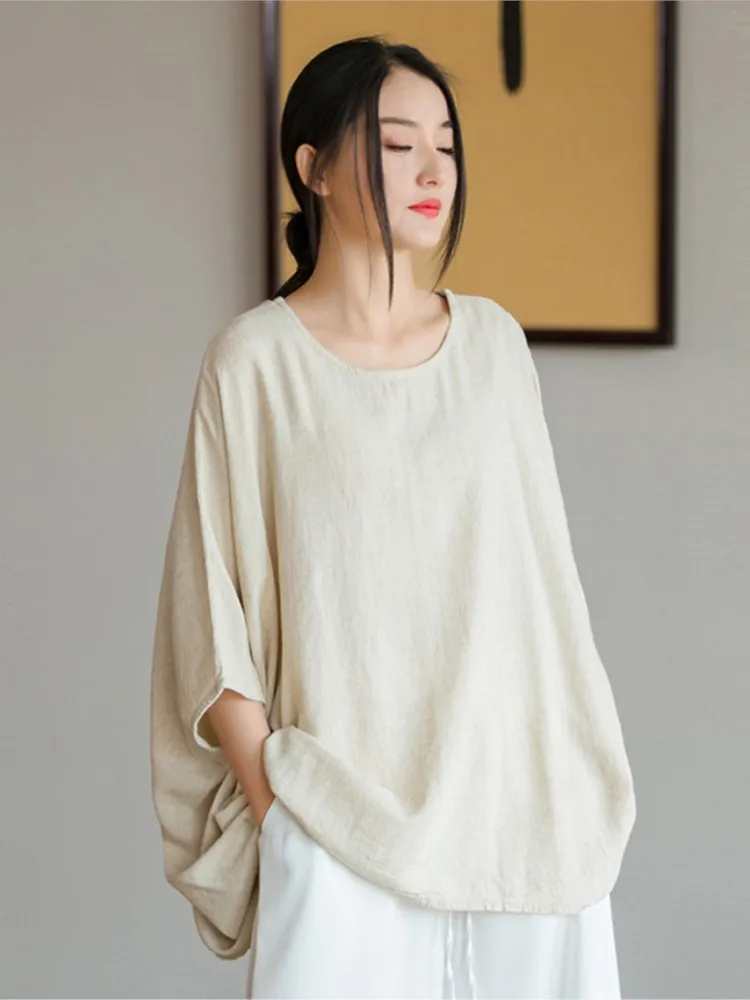 Johnature Bat Sleeve Women Linen T-Shirts Solid Color Loose Tops O-Neck Summer New 2024 Women Clothes Original Vintage Tshirts smile