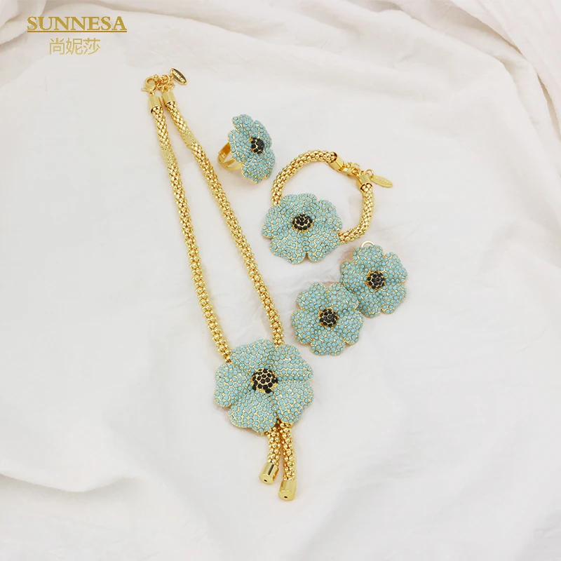 Rhinestone Dubai SUNNESA Jewelry Set for Women Green Flower Pendant Necklace African Clip Earrings Bracelet Rings Sets smile