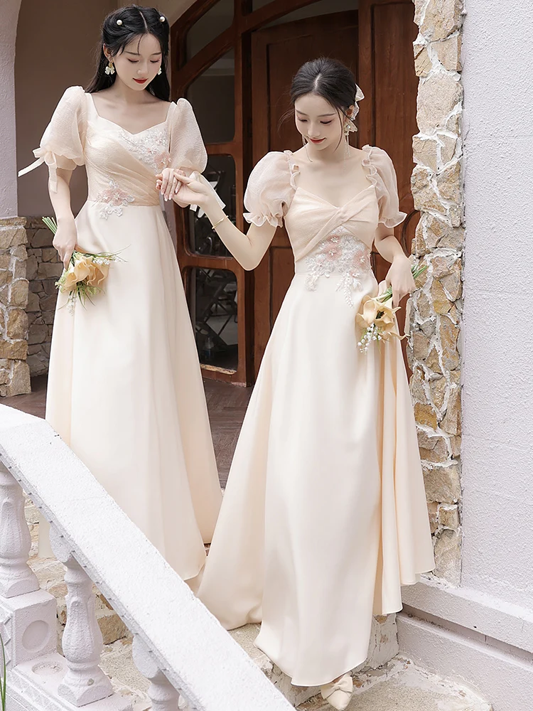 Bridesmaid A-Line Champagne Satin Dresses for Women 2023 New Puff Sleeve Exquisite Appliques Lady Long Sister Party Dress smile