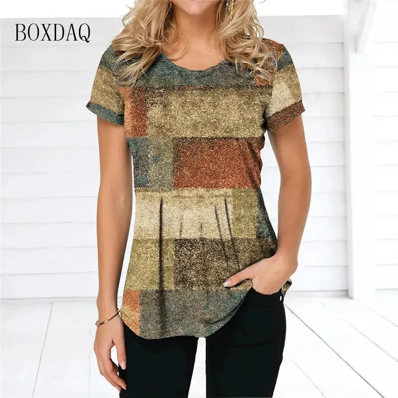 Short Sleeve Plaid 2025 Women T-Shirts Vintage 3d Print Gradient Female new T Shirt 6XL Plus Size Ladies Clothing O-Neck Casual Tops Tee