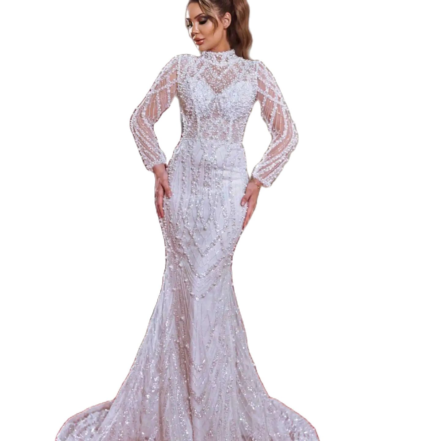 African White Mermaid Wedding Dresses Beads High Neck Long Sleeves Bridal Gowns Pearls Sequined Bride Dress