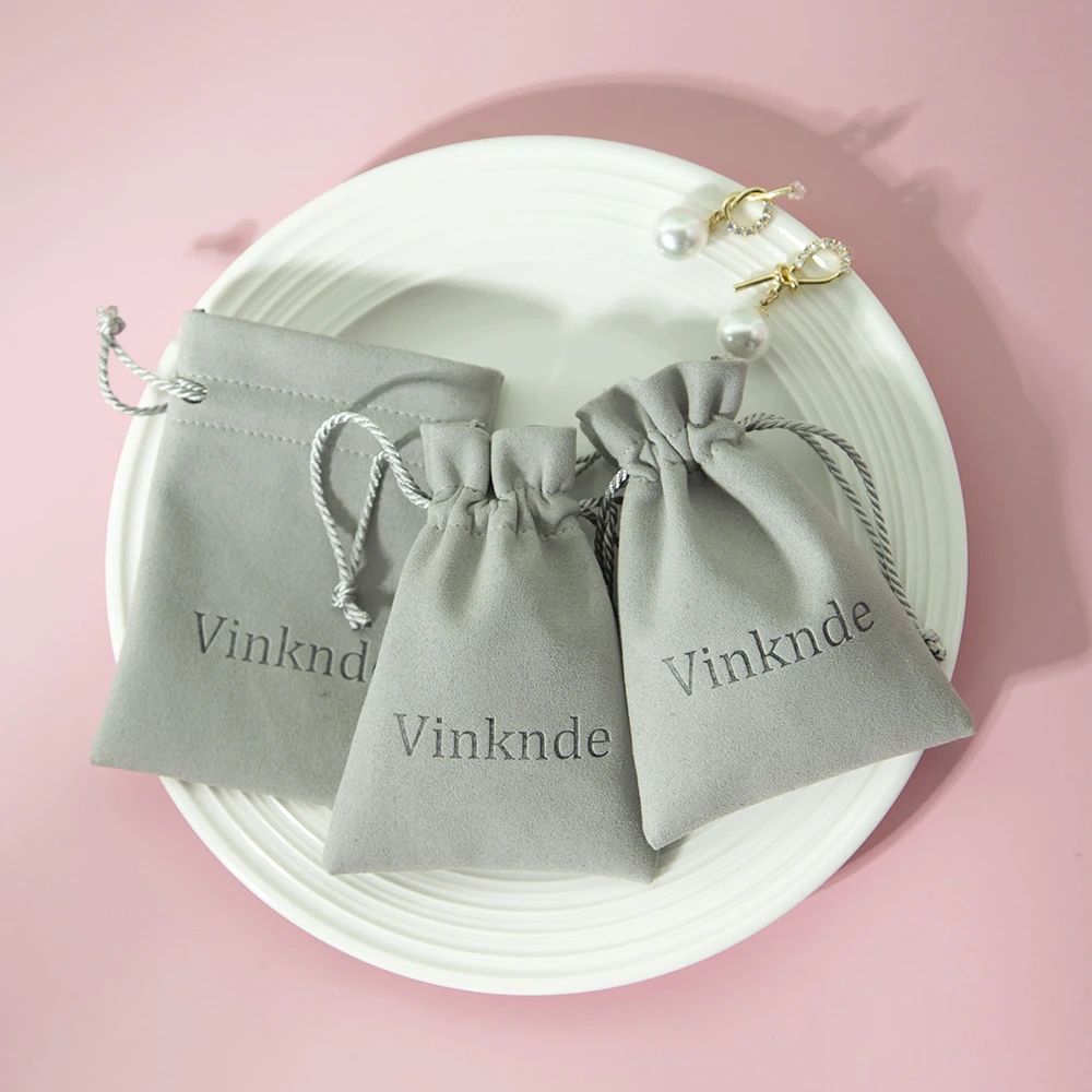 50pcs Jewellry Gift Microfiber Bags Personalized Grey Veet Drawstring Packaging Organizer Pouch for Wedding Party Favor smile