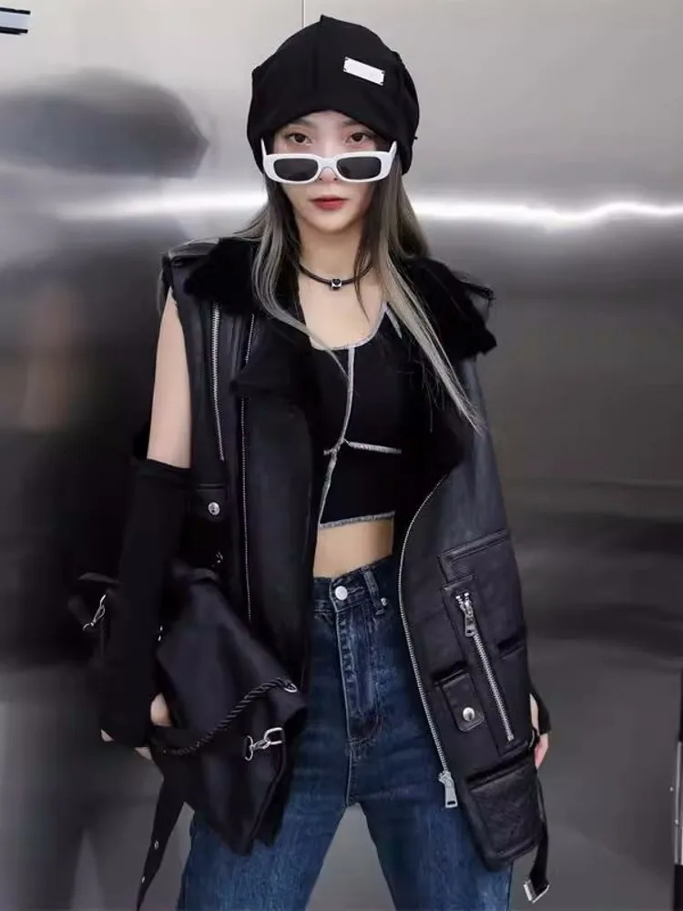 Punk Style Women Warm Wool Lining Shearling Sleeveless Jacket Mid Long Moto Biker Genuine Leather Vest Autumn Casual Waistcoat 240513