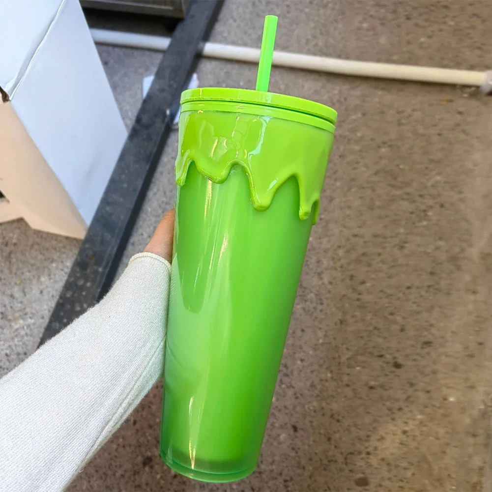 24oz710ml Lava Halloween Theme Plastic Cup Double Layer Slime Green Glow In The Dark Tumbler Cup with Straw Lid Holiday Gift 240527