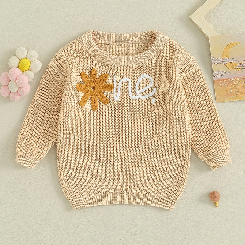 Lioraitiin 6-24M Autumn 2023-08-02 Girl Baby Sweater Flower Letter Pattern Long Sleeve Round Neck Knitwear Pullover smile