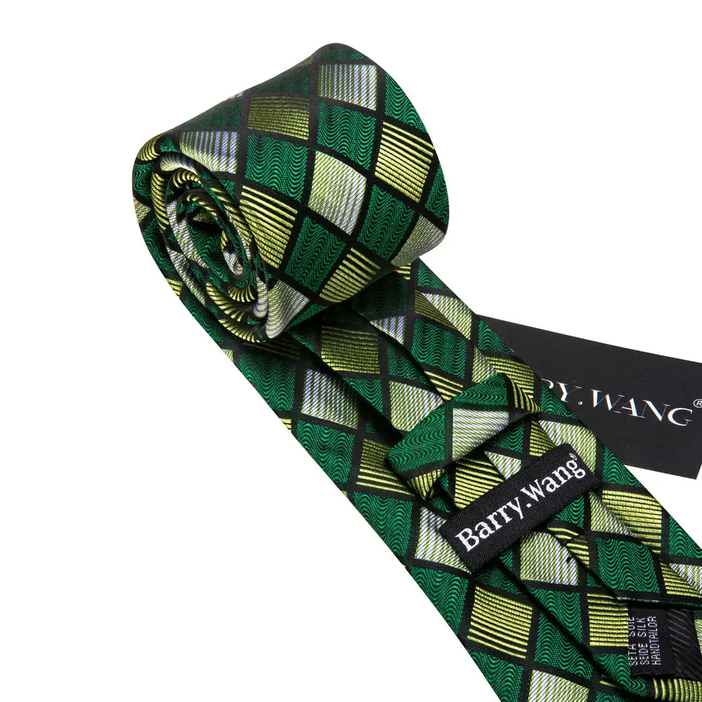 Men's Tie Brown Green With Pocket Square Cufflink Set New Plaid Silk Suit Necktie For Male Formal Designer Party Barry.Wang 6645 smile