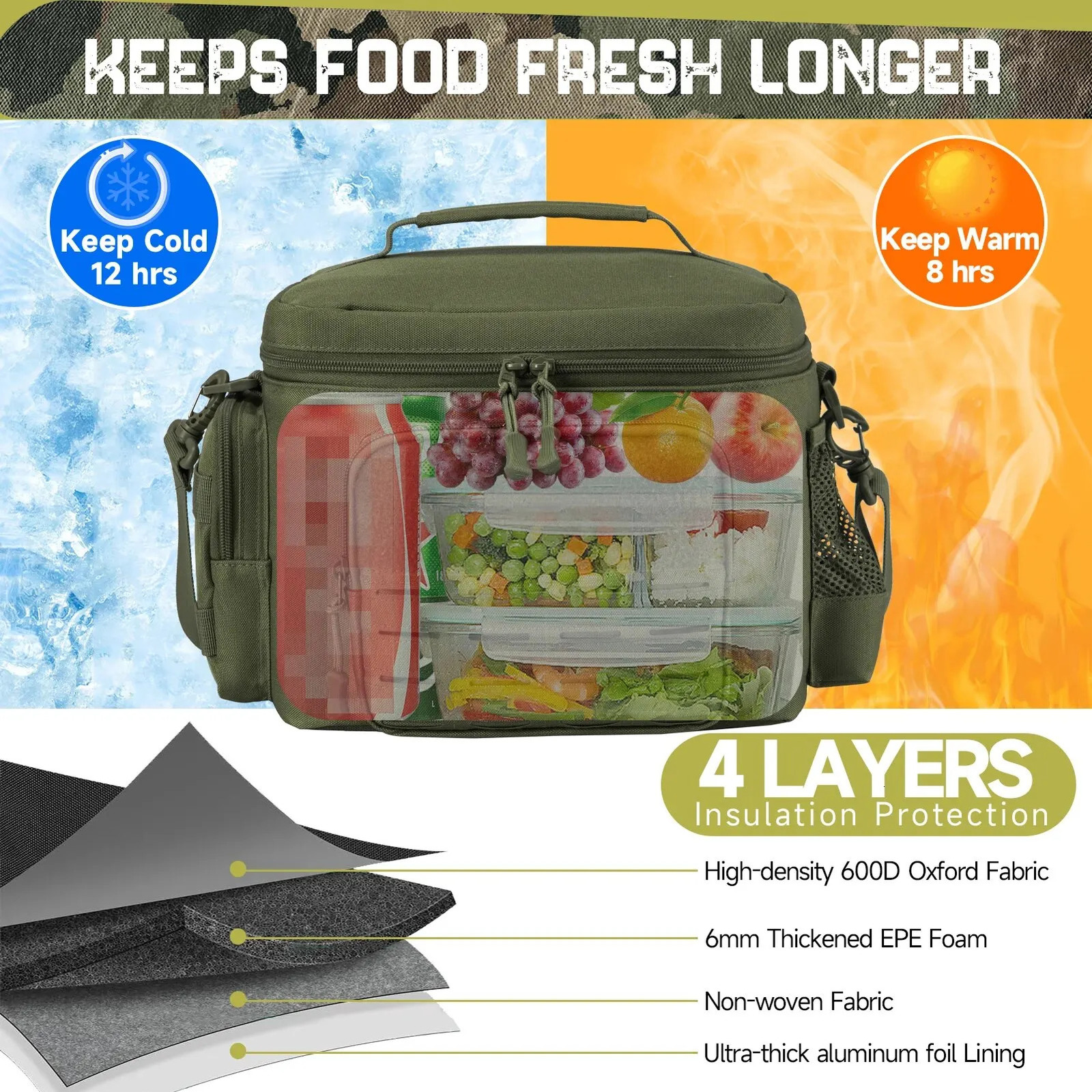 Tactical Lunch Box for Men Outdoor Heavy Duty Lunch Bag Work Leakproof Insulated Durable Thermal Cooler Bag Meal Camping Picnic 240514