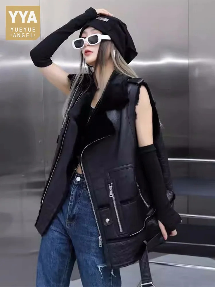 Punk Style Women Warm Wool Lining Shearling Sleeveless Jacket Mid Long Moto Biker Genuine Leather Vest Autumn Casual Waistcoat 240513