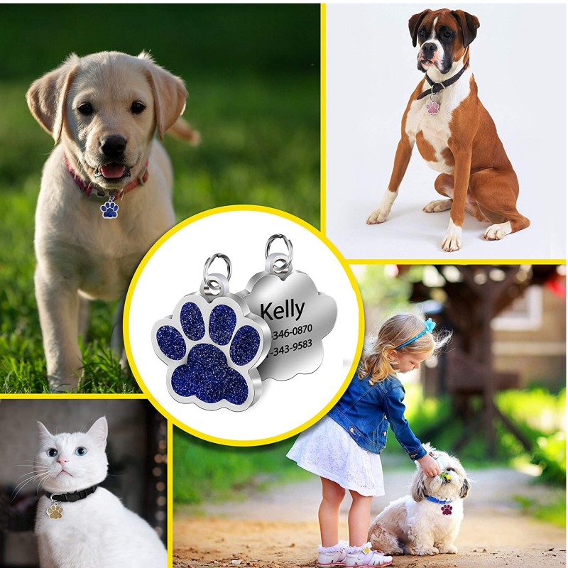 Personalized Dog Cat CustomTags Engraved Puppy Pet ID Name Collar Tag Stainless Steel Paw Glitter Pendant Pets Dogs Accessories