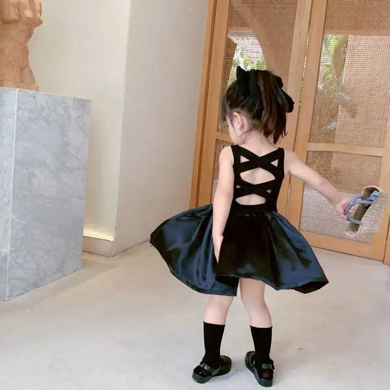 Young Girls Elegant Goth Dresss Black Sleeveless Tutu Dress Backless Off Shoulder Party Kid Dresses 4 5 6 8 9 10 11 12 Years Old 240527