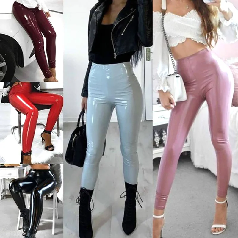 Pants Leather Sexy Women's Skinny Elastic Jeggings Cosplay PU Leather Leggings Latex Clothes Plus Size Club Girl Clothing smile