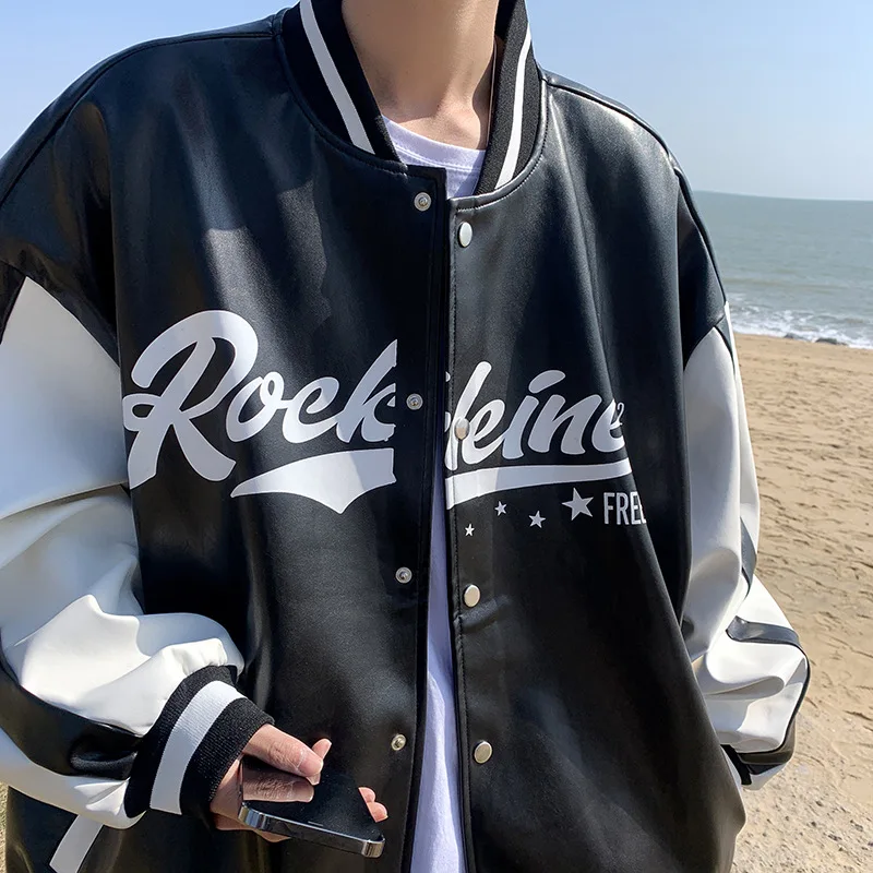 American Vintage Leather Jacket Men Spring Patchwork Letter Print Biker Baseball Jackets Unisex Y2k Streetwear Bomber Coat 2023