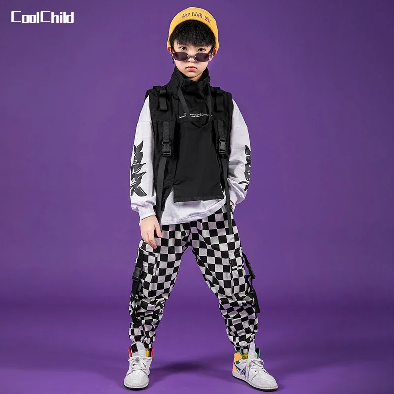 Hop Boys High Hip Collar Vest Sweatshirt Plaid Joggers Outfits Girls Cargo Pants Clothes Sets ddmysmile Child Jazz Costume Kids Streetwear Smile