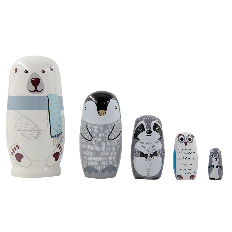 5pcs/set Matryoshka Doll Wood Stacking Dolls Children Toy Animal Patterns for Festival Birthday Gift Home Decoration