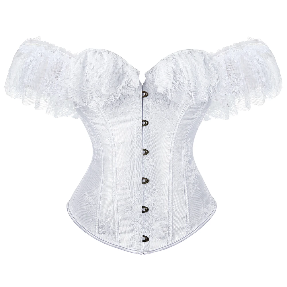 Corset for Women Tops Steampunk Gothic Off Shoulder Bustier Jacquard Overbust Corset Renaissance Corsets with Lace Short Sleeves smile