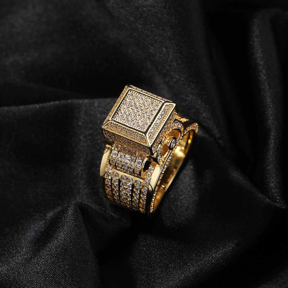 Hip Hop Cool Men Classic Square Casting Rings 5A Zircon 18K Real Gold Plated Jewelry Gifts