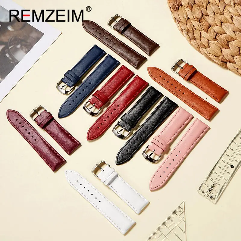 Genuine Leather Watchbands 16mm 18mm 20mm 22mm Watch Accessories Women Pink Red White Wrist Belt Bracelet Straps
