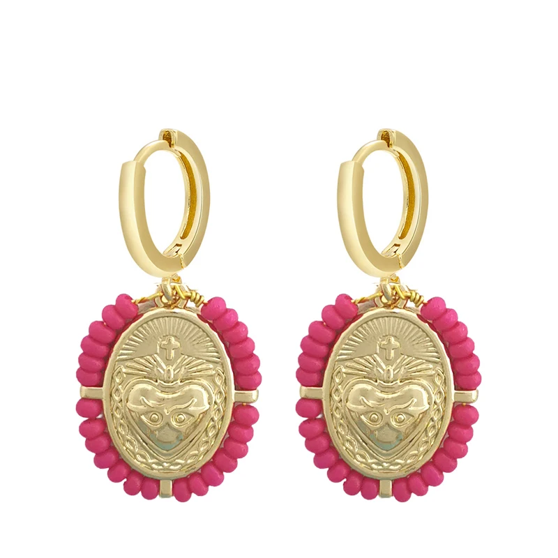 Earrings Hoop QMHJE Dangle Women Virgin Mary Scared Heart Cross Mom Circle Hand Seed Beads Chain Yellow Gold Color Rainbow Boho smile