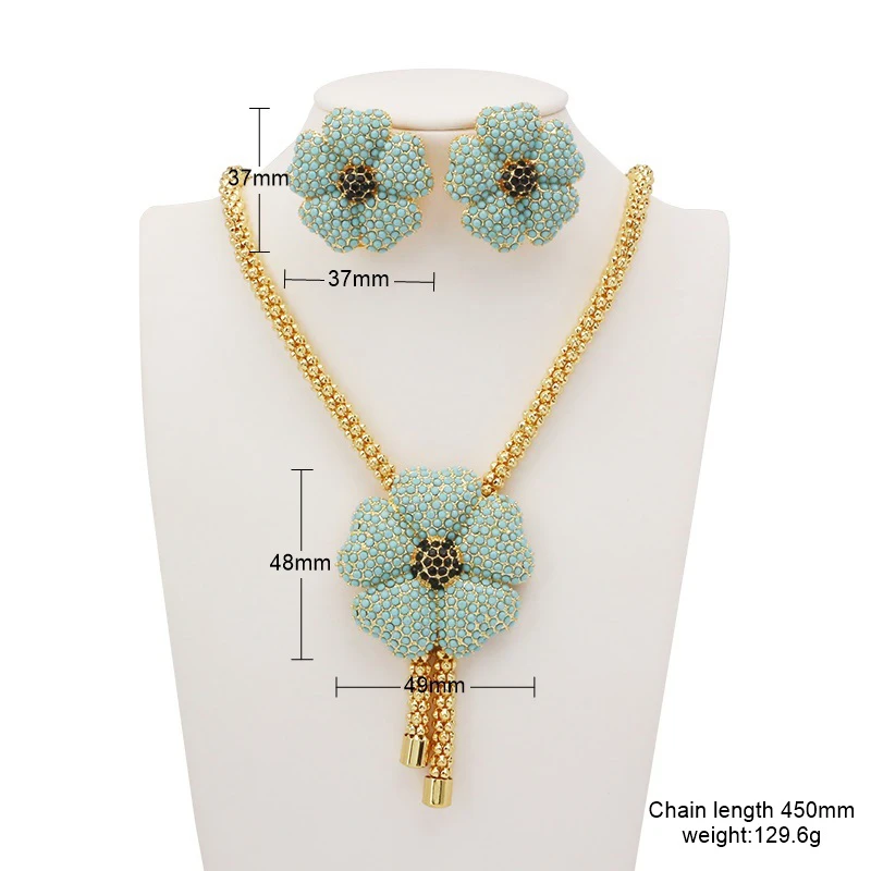 Rhinestone Dubai SUNNESA Jewelry Set for Women Green Flower Pendant Necklace African Clip Earrings Bracelet Rings Sets smile