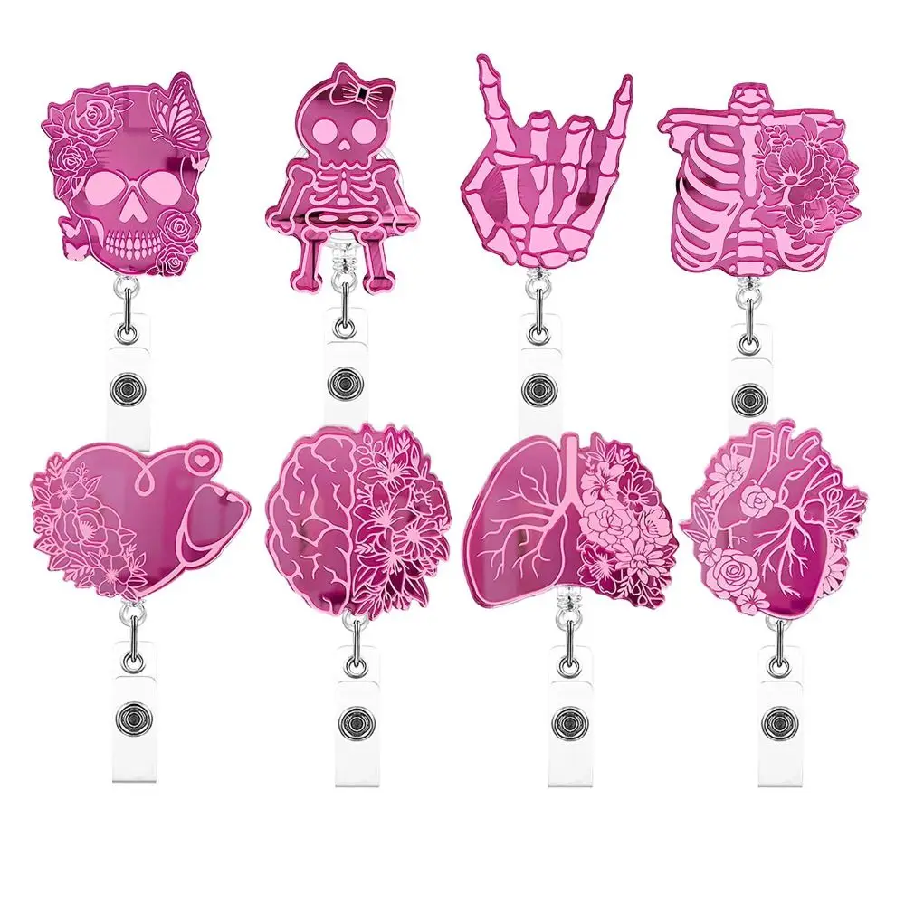 Badge Skull Nurse Retractable Reel Pink Acrylic Name Card Holder ID Card Clips Work Card Clips Hospital Badge Holder Card smile