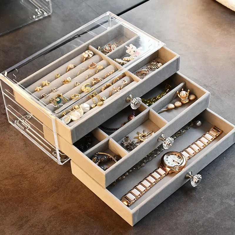 Acrylic Organizers Velvet Three-Layer Jewellery Storage Box Earring Rings Necklace Large Space Jewellery Case Holder Women Gift