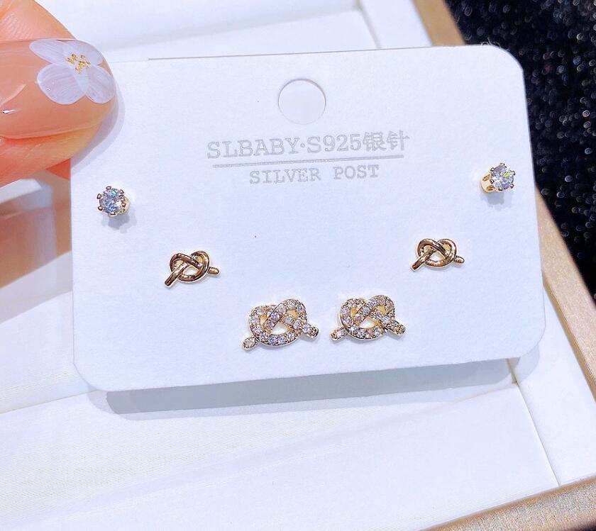 Pairs Trend Cubic 3 Zirconia Stud Earrings Set Gold Color Bowknot Heart Flower Women Party Jewelry smile