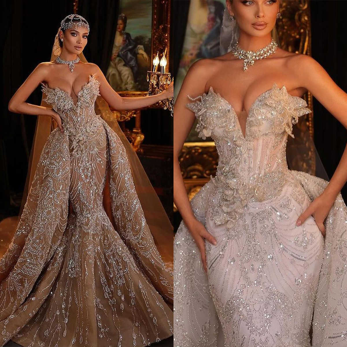 Mermaid Wedding Dresses Beads Sequins Crystals Lace 3D Appliques Detachable Train Backless Designer Custom Made Plus Size Bridal Gown Vestidos De Novi