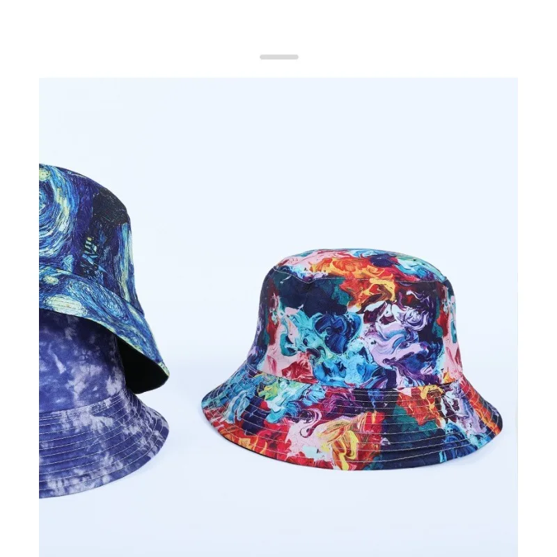 Printed Hats New Bucket ddmysmile Women European And American Tie-Dye Fisherman Hat Outdoor Sunshade Double-Sided Men's Cap Wholesale Smile